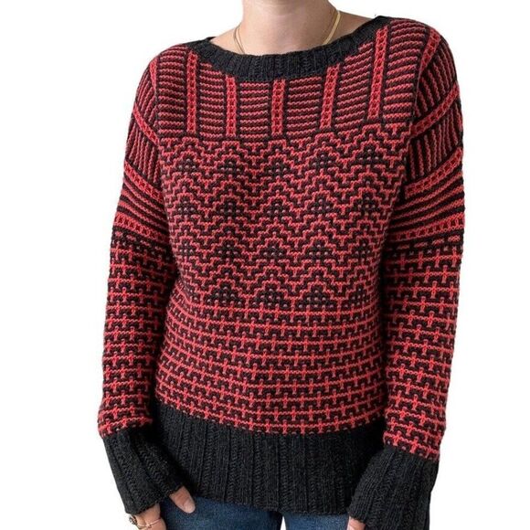 Theory Womens 100% Wool Soft Gray Red Fretta Loryella Geometric Sweater Sz L - Picture 1 of 9